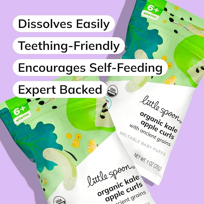 Little Spoon Kale Apple Meltable Baby Puffs, Organic Corn Quinoa Sorghum, No Rice, No Added Sugar Snacks, Encourages Self-Feeding, 1 Oz Bag, 4 Pack