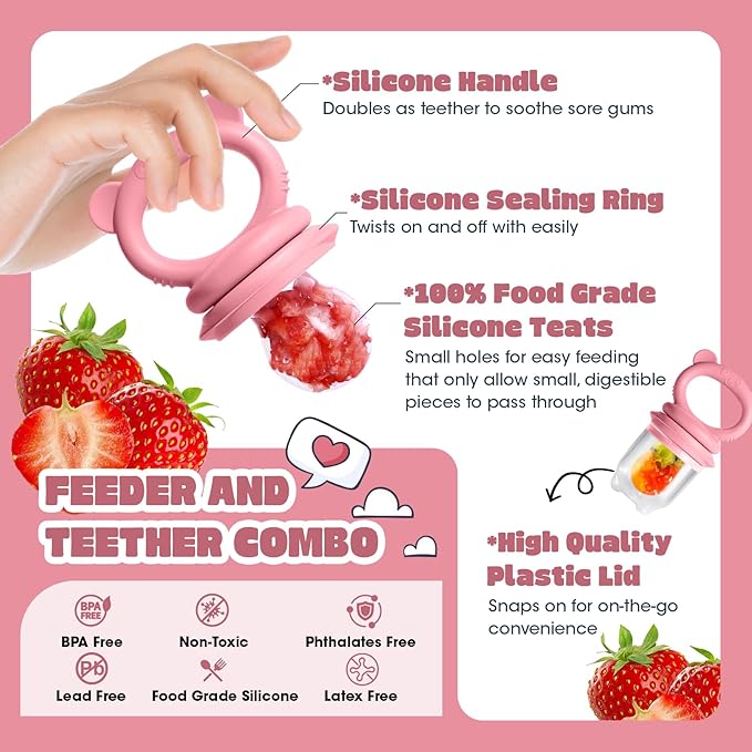 Baby Fruit Food Feeder & Breastmilk Popsicle Molds for Teething Relief, Baby Feeding Sets, 1 Freezer Tray with Lid & 1 Teether Toy & 1 Silicone Teething Pacifier Feeder, Extra Food Pouches (Pink)