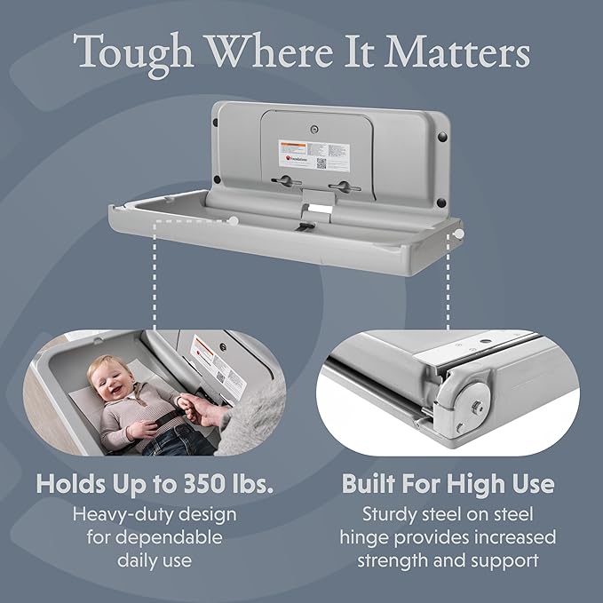 Foundations Ultra Horizontal Wall Mounted Baby Diaper Changing Station, Oversized Changing Surface, Plastic with Heavy Duty Stainless Steel Hinge - Gray (200-EH-01)