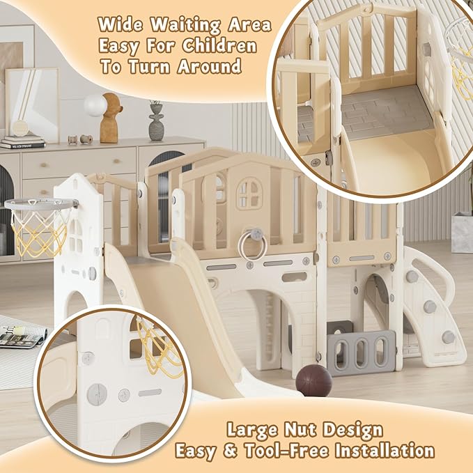 KORIMEFA 8 in 1 Toddler Slide Set, Kids Slide for Toddlers Age 1-3, Toddler Climber PlaySet with Basketball Hoop and Ball, Outdoor Indoor Kids Playground for Toddlers 1-3, Beige