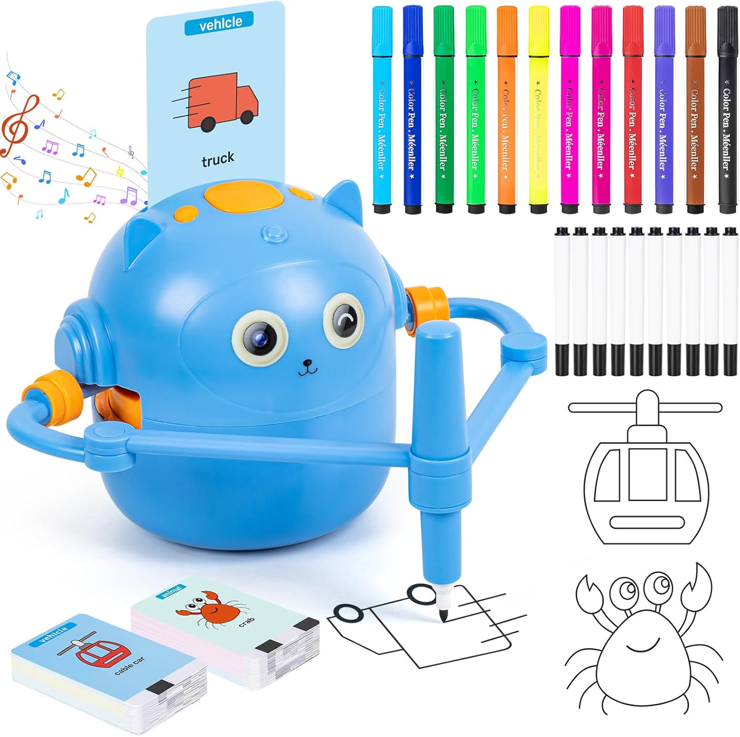 Drawing Robot for Kids, Interactive Educational Drawing Robot, Magic Painting Robot Toy with 100 Word Cards & 16 Color Pens for Girls and Boys Age 3+ (Blue)