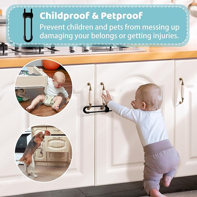 Baby Proofing Cabinets, Sliding Cabinet Locks for Babies, Adjustable U Shaped Baby Safety Locks, Childproof Cabinet Latch for Kitchen, Bathroom, Drawer, Cupboard Doors Knobs & Handles (6 Pack Black)