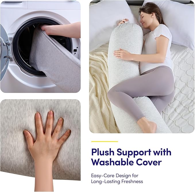 Full Body Maternity Pillow – Bean-Filled Pregnancy Support Pillow with Removable Cover – 59″ Long Full-Length Back, Hip & Belly Support for Pregnancy & Nursing, Silver