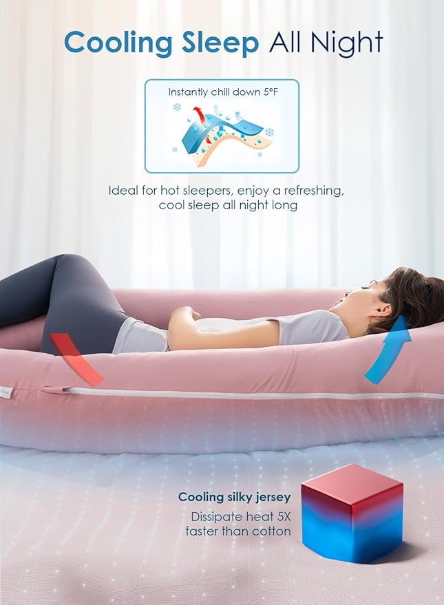 QUEEN ROSE Extra Long Pregnancy Pillows, 60 Inch U Shaped Body Pillow for Sleeping, Cooling Maternity Pillow for Pregnant Women, Body Support for Adults, with Soft Silky Cover, Pink