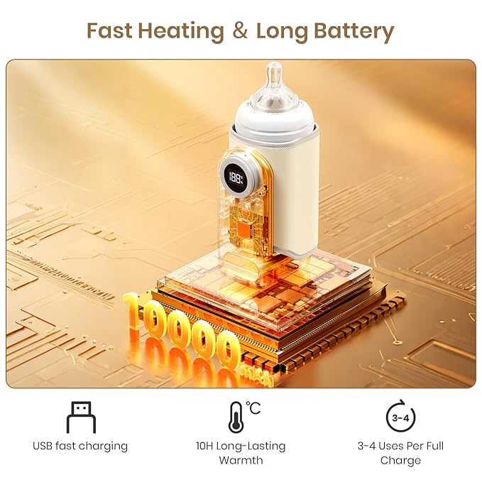 Portable Bottle Warmer for Travel, Precise Temperature Milk Warmer, 10000mAh Long Battery Life USB-C Fast Charging for Breast Milk/Formula Milk Warming, Fit Car, Airplane & On The Go Bottle Warmer