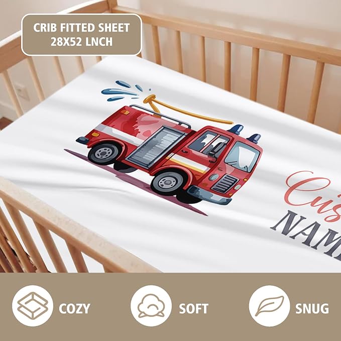 Personalized Baby Crib Bedding Set – Fire Truck Theme Nursery Bedding Sets 3 Piece with Custom Name Blanket, Fitted Crib Sheet & Changing Pad Cover – Ideal Newborn Gift for Boys