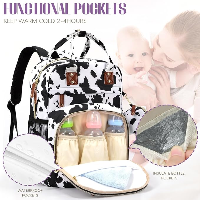 Tuwubi Diaper Bag Backpack, Baby Essentials Travel Tote Bag, Multi function Waterproof Backpacks, Travel Essentials with Stroller Straps & Pacifier Case - Cow Print