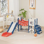 KORIMEFA 11 in 1 Toddler Slide and Swing Set, Kids Slide for Toddlers, Outdoor Indoor Playground for Toddlers 1-3, Toddler PlaySet with Basketball Hoop and Ball Golf Set, Climbing Arch(Red & Blue)