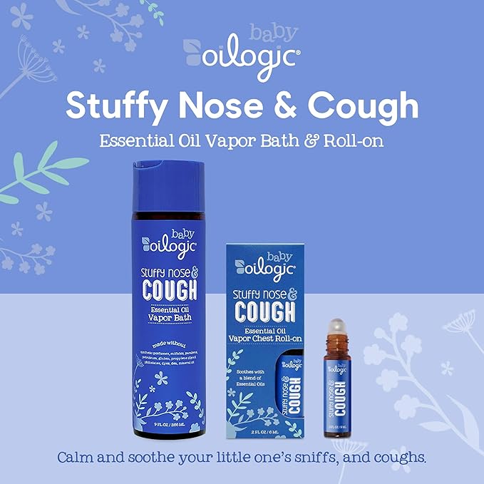 Oilogic Stuffy Nose & Cough Vapor Bath & Roll-On Essential Oil for Babies & Toddlers - Gentle Baby Bath Essentials Soothe & Comfort - Pediatrician-Tested & Safe for Babies