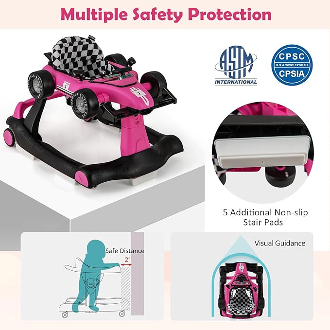 HONEY JOY 4-in-1 Baby Walker, Activity Push Walker w/3 Adjustable Heights, Smooth Wheels w/Adjustable Speed, Padded Seat, Music & Light, Foldable Car Walker for Baby Boys Girls Age 6 Months+ (Pink)