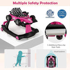 HONEY JOY 4-in-1 Baby Walker, Activity Push Walker w/3 Adjustable Heights, Smooth Wheels w/Adjustable Speed, Padded Seat, Music & Light, Foldable Car Walker for Baby Boys Girls Age 6 Months+ (Pink)