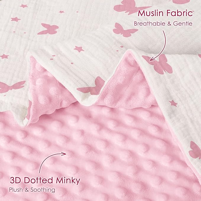Butterfly Baby Blankets for Girls, Soft Nursery Minky Blankets with Muslin and Dotted Fleece Back 30x40 inches, Receiving Bed Quilt for Newborn, Infants, Toddlers