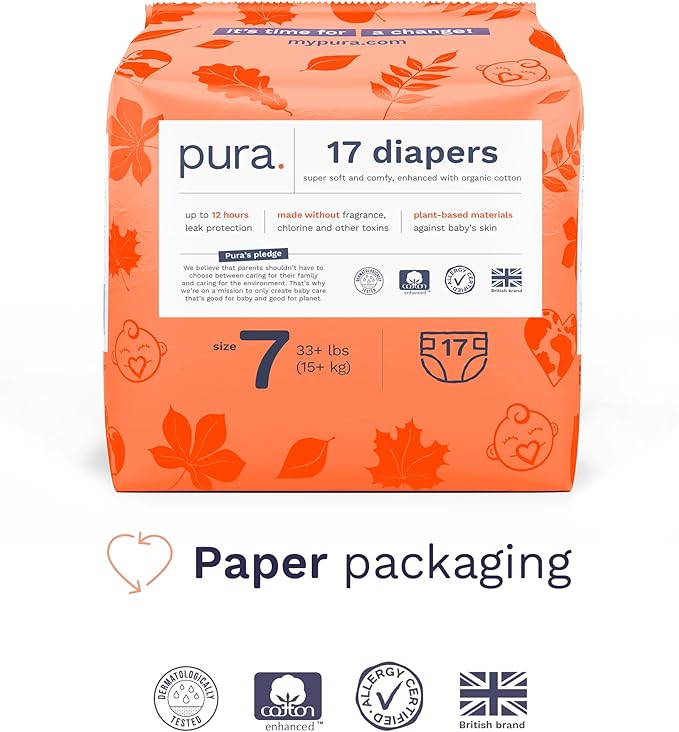 Pura Size 7 Eco-Friendly Diapers (33+lbs) Totally Chlorine Free (TCF) Hypoallergenic, Soft Organic Cotton Comfort, Sustainable, up to 12 Hours Leak Protection, Allergy UK,1 Pack of 17 Diapers