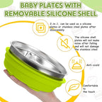 Nuogo 1 Pcs Stainless Steel Baby Suction Plates with Removable Silicone Shell 2-in-1 Metal Toddler Bowl Divided for Picky Eaters Kid Feeding Led Weaning Supply, Dishwasher Safe (Green)
