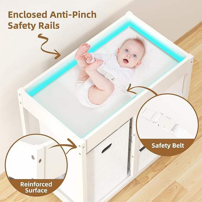 YUFU Baby Changing Table, Diaper Changing Table with Laundry Hamper, 3 Storage Drawers and Pad, Wooden Infant Diaper Changing Station, White