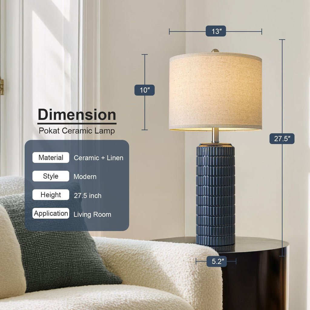 PoKat 27.5'' Tall Table Lamps for Living Room Set of 2, Ceramic Bedroom Lamps for Night Stands, Modern Bedside Lamps for Bedroom Living Room, Nightstand Lamps for Side End Table Hallway, Blue