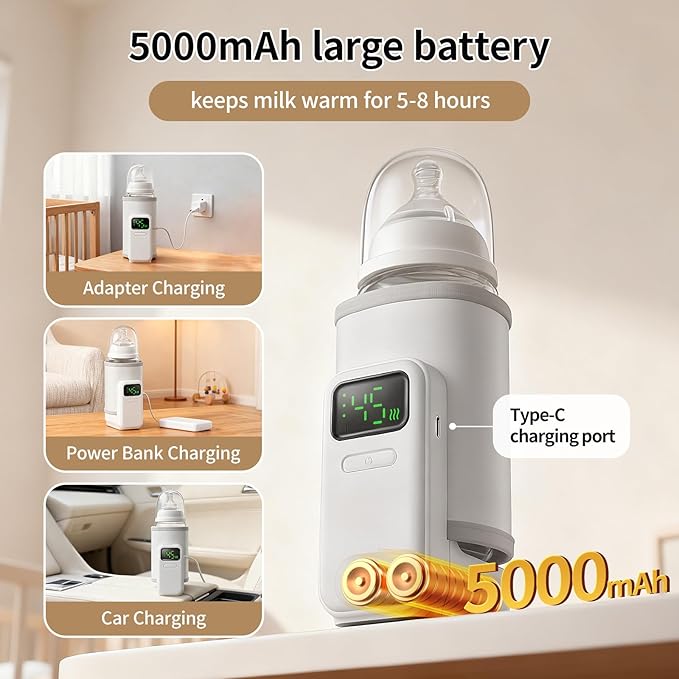 Portable Baby Milk Bottle Warmer for Travel,Breastfeeding Essentials,Baby Bottle-Feeding Bottle Warmer On The Go,Breastmilk Warmer for Baby,Rechargeable 5000 mAh Battery,Digital Display