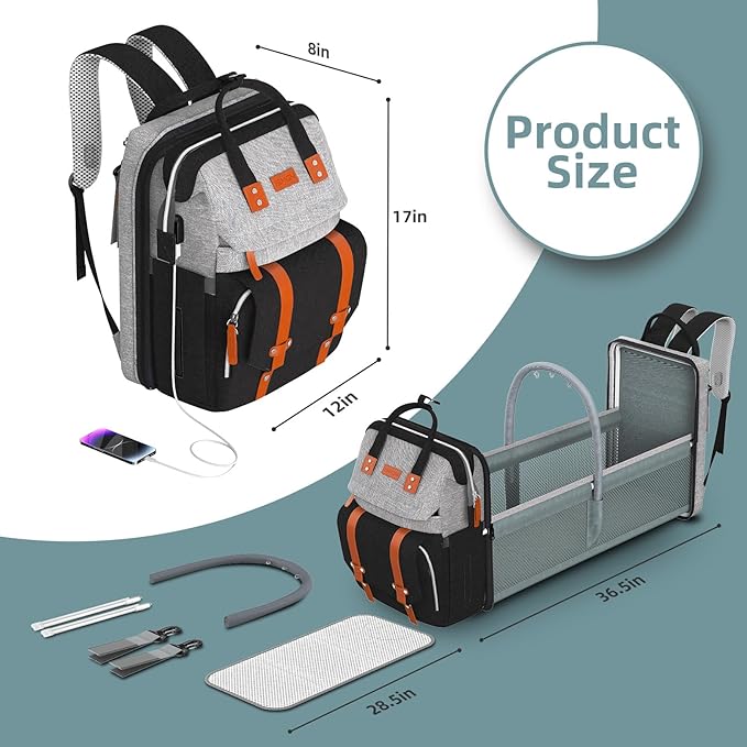 Diaper Bag Backpack with Changing Station, Large Diaper Bag, Baby Bag, Multifunctional Diaper Bag, GreyBlack