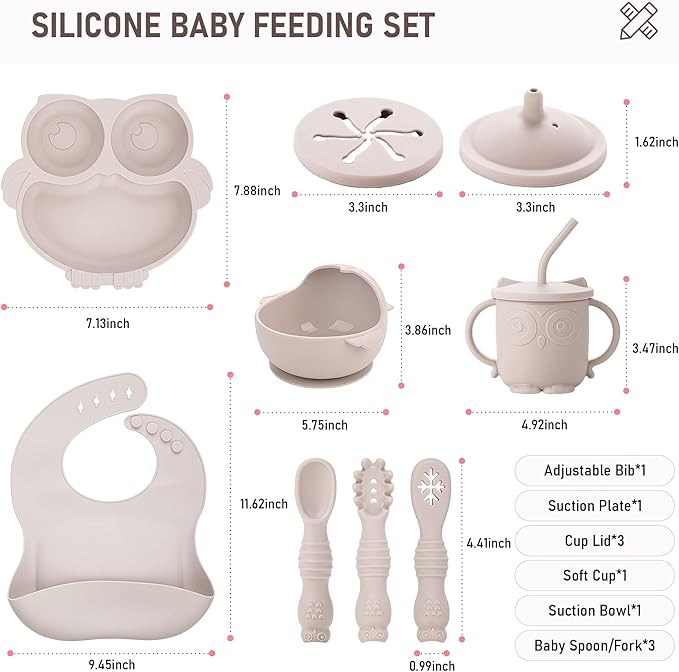 Baby Weaning Set - Silicone Toddler Feeding Set (10 Pcs) with Adjustable Bib, Suction Bowl, Plate, Fork, Spoon, Water & Snack Cup Kit - Baby Led Weaning Kit