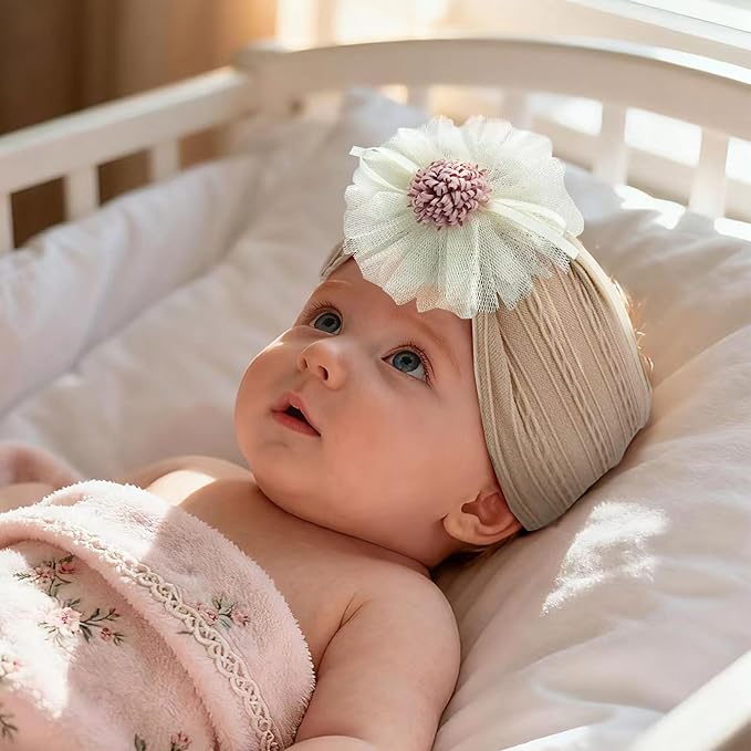 Baby Girls Sunflower Headbands, 3 Pack Baby Hairband Hair Bows Lace and Stretchy Elastic Accessory for Newborn Infants Toddlers (Brown+Dark Blue+Candy Pink, One Size(Stretchy))