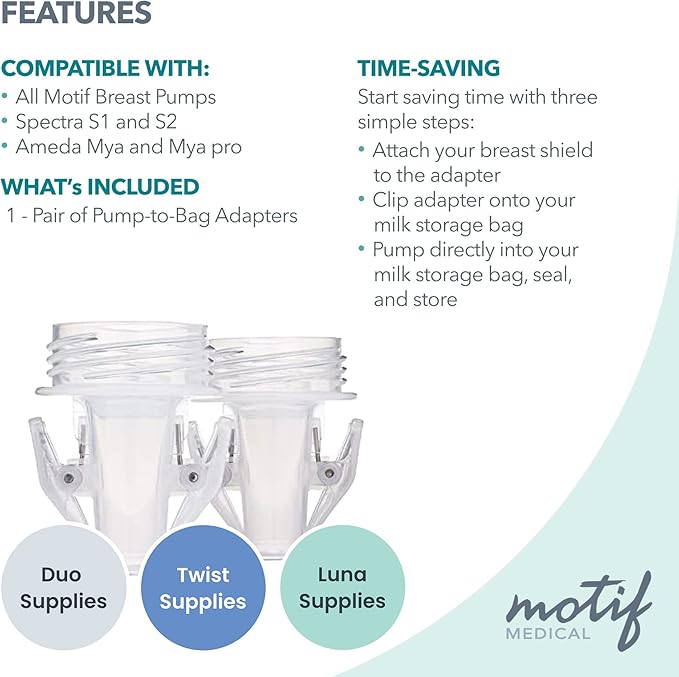 Motif Medical Pump-to-Bag Electric Breast Pump Adapter -Compatible w/Spectra S1 & S2 Breast Pump - Pump Adapter w/Twist Shield Connectors - 3-Step Time-Saving Nursing Pump Adapter (Set of 2)