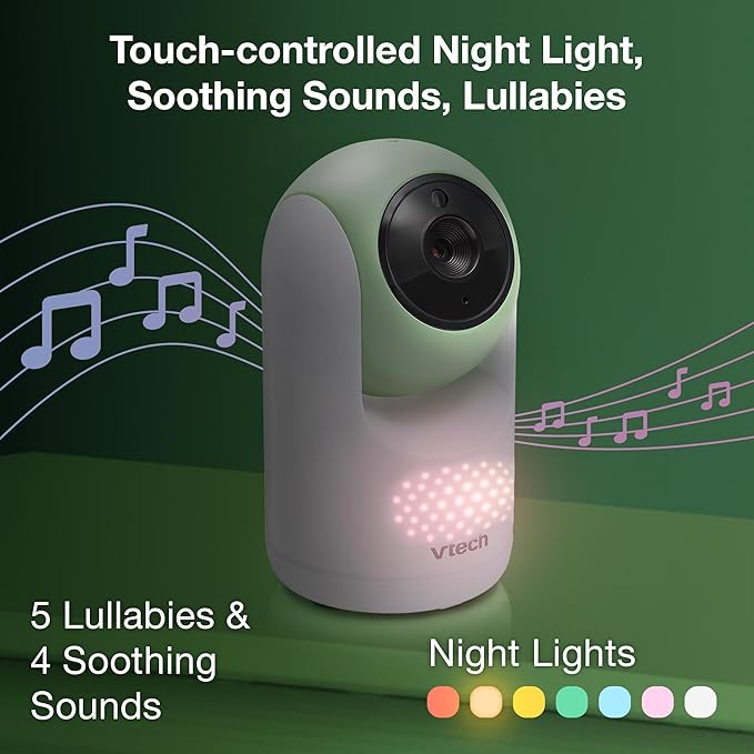 VTech 2-Cameras Video Baby Monitor with 7" Color LCD Screen, Rechargeable Battery, Video and Audio Streaming, Pan-Tilt-Zoom, Touch Multi-Color Night Light, Two-Way Talk: Advanced Max Twin (Green)