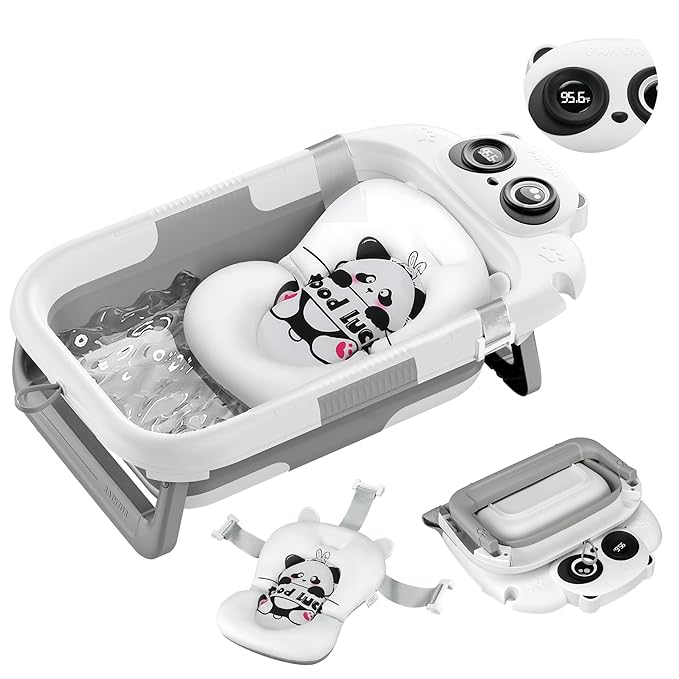 Collapsible Baby Bathtub for Newborn to Toddler (0-24 Months), Portable Baby Bath Tub for Travel, Newborn Bathtub with Soft and Supportive Cushion (Panda-Gray)