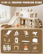 XJD 13 in 1 Toddler Slide Set, Kids Slide for Toddlers Age 1+, New Upgrade with Golf Set, Basketball Hoop, Drawing Board for Indoor Outdoor Playset,Toddler Playground (Brown)