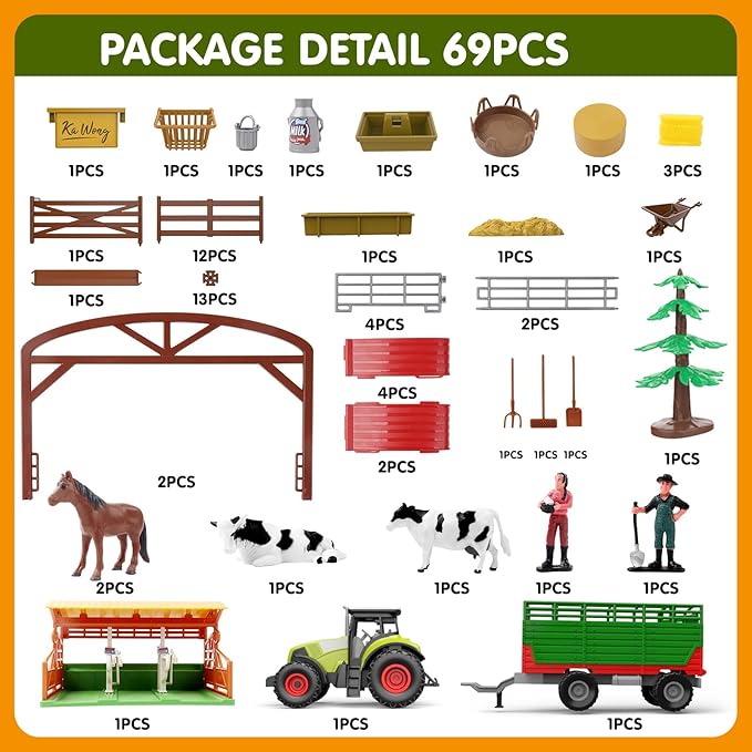 Dwi Dowellin Farm Animal Toys Set,69 Pcs Farm Toys with Tractor with Trailer,Horse Stable Grain Bins Horse Cow Farmer Figures Fence Playset for Kids Toddlers Boy Girl 3-12 Years Old