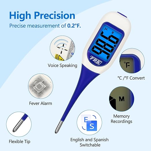 Large LCD Screen Digital Thermometer for Fever, 10 Seconds Fast & Accurate Readings, Large LCD Dual Color Backlight Flexible Tip Ideal for Adults Kids and Babies
