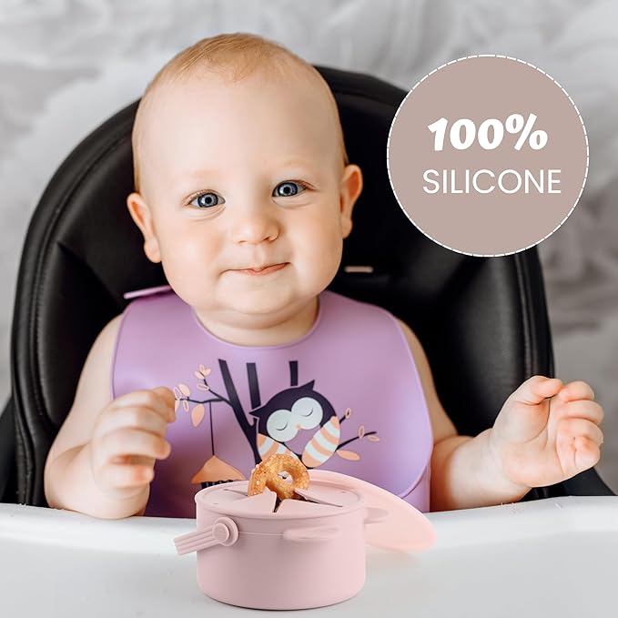 Silicone Snacks Containers for Toddlers, Baby Food Catcher Spill Proof, Kid Snacks Holder with DustProof Lid, 2 Pack Dishwasher Safe (Shifting Sand/Sage)