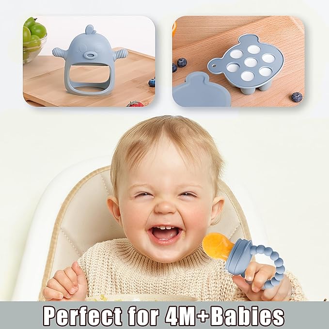 Baby Fruit Feeder & Breastmilk Popsicle Molds – 3-Pack Set with Freezer Tray, Teether Toy, Silicone Pacifier, and 3 Extra Mesh Sizes – (Sky Blue)