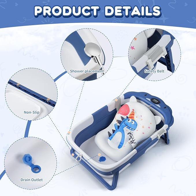 Baby Bathtub,Collapsible Baby Bath Tub with Thermometer & Soft Floating Cushion,Portable Travel Baby Bathtubs for Newborns to Toddlers 0-36 Months(Bear Gray)