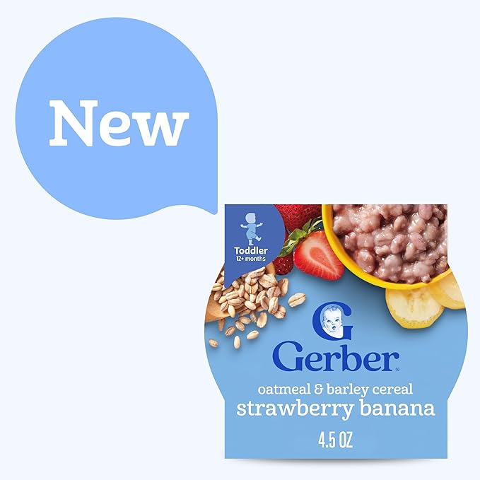Gerber Toddler Food, Baby Food, Breakfast Oatmeal with Barley, Strawberry Banana Flavor, Cereal, Iron Helps Support Brain Development, 8 Pack