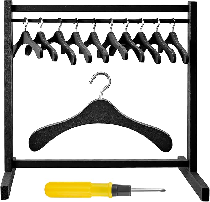 Civaner 11 Pcs Doll Garment Rack with Wooden Clothes Hanger for 18 Inch Girl Doll Clothes Mini Hangers Wardrobe Furniture Accessories for Dollhouse Baby Shower Supplies (Black)