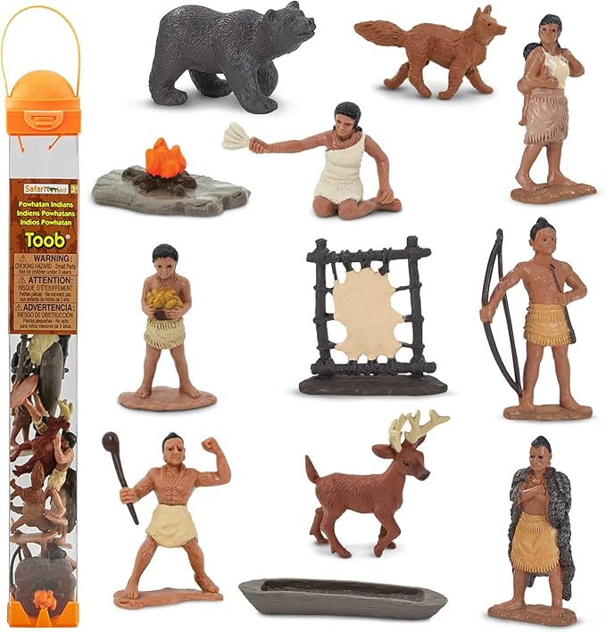Safari Ltd. Powhatan Indians TOOB - 12 Figurines: Camp Fire, Canoe, Deer Hide, Warriors, Pocahontas, Chief Whunsoncock, & More - Educational Toy Figures For Boys, Girls & Kids Ages 3+