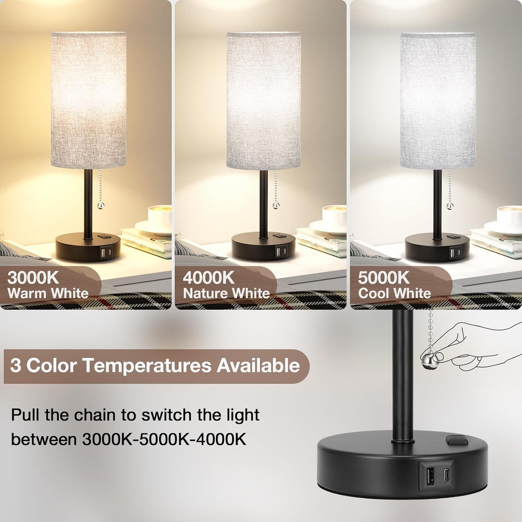 17.4Inches Grey Bedside Lamp for Bedroom Nightstand - Tall Table Lamp with USB A + C Charging Port & AC Outlet, 3 Color Temperatures Pull Chain Light, Side Table Desk Reading Lamp for Living Room