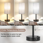 17.4Inches Grey Bedside Lamp for Bedroom Nightstand - Tall Table Lamp with USB A + C Charging Port & AC Outlet, 3 Color Temperatures Pull Chain Light, Side Table Desk Reading Lamp for Living Room