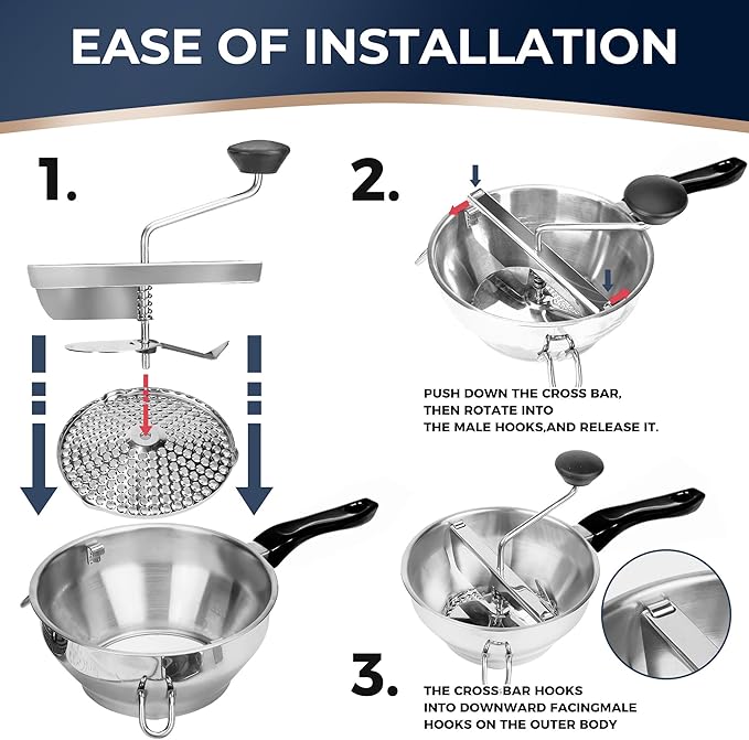 Stainless Steel Food Mill With 3 Milling Discs,Ergonomic design Rotary hand crank Food Mills For Tomato Sauce,Potatoes,Jams,canning, Dishwasher Safe,Includes Multifunctional Spoon,Blue D