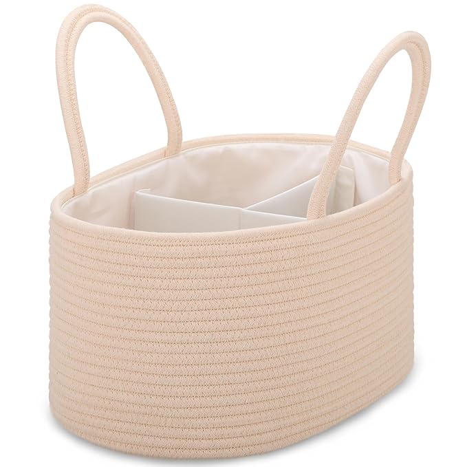 COMSE Large Baby Diaper Caddy Organizer for Girl Boy, Car Caddy with Handles, Cotton Rope Basket for Changing Table, Nursery Organizer, Gift for Baby Shower and Registry Must Have, Beige