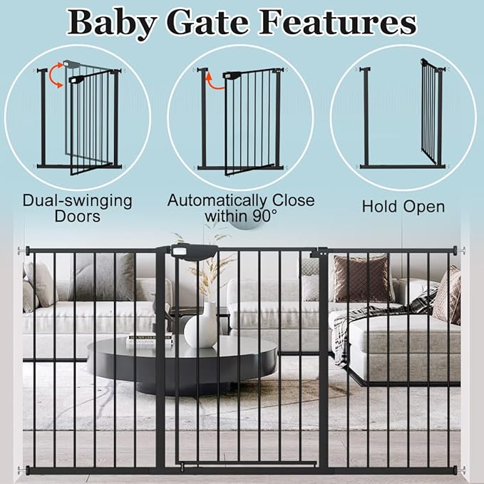 WAOWAO Triple Lock Baby Gate Extra Wide 86.22-90.55" Pressure Mounted Walk Through Swing Auto Close Safety Black Metal Dog Pet Puppy Cat for Stairs,Doorways,Kitchen