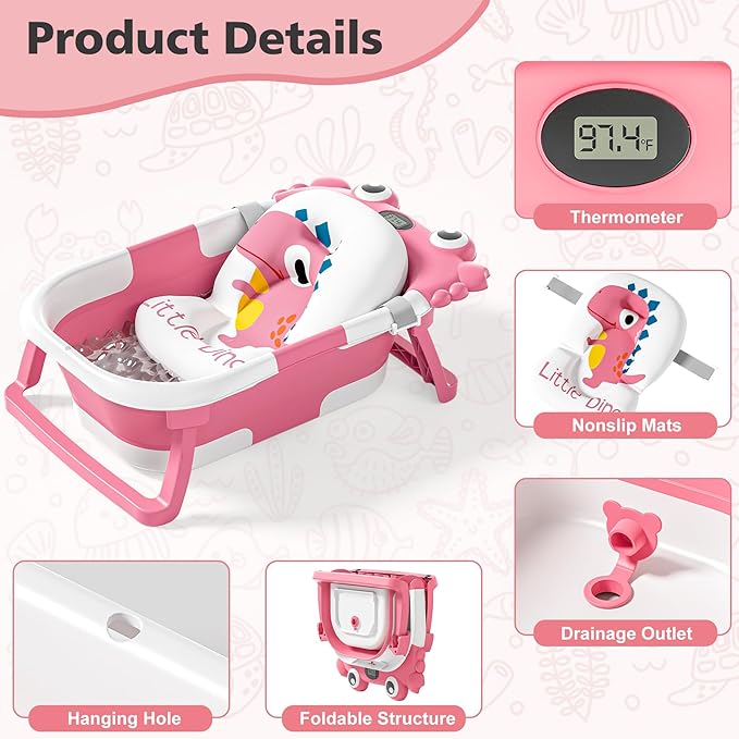 Collapsible Baby Bathtub for Newborns with Thermometer and Soft Floating Cushion Portable and Foldable Travel Baby Girl Bath Tub for Infants to Toddler 0-36 Month (Pink)