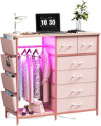 6 Drawer Dresser for Bedroom with Clothes Rack, Clothes Dresser with Side Pockets and Hooks, Charging Station & LED Lights, Wooden Top, Fabric Storage (Pink)