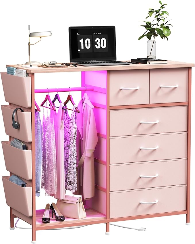 6 Drawer Dresser for Bedroom with Clothes Rack, Clothes Dresser with Side Pockets and Hooks, Charging Station & LED Lights, Wooden Top, Fabric Storage (Pink)