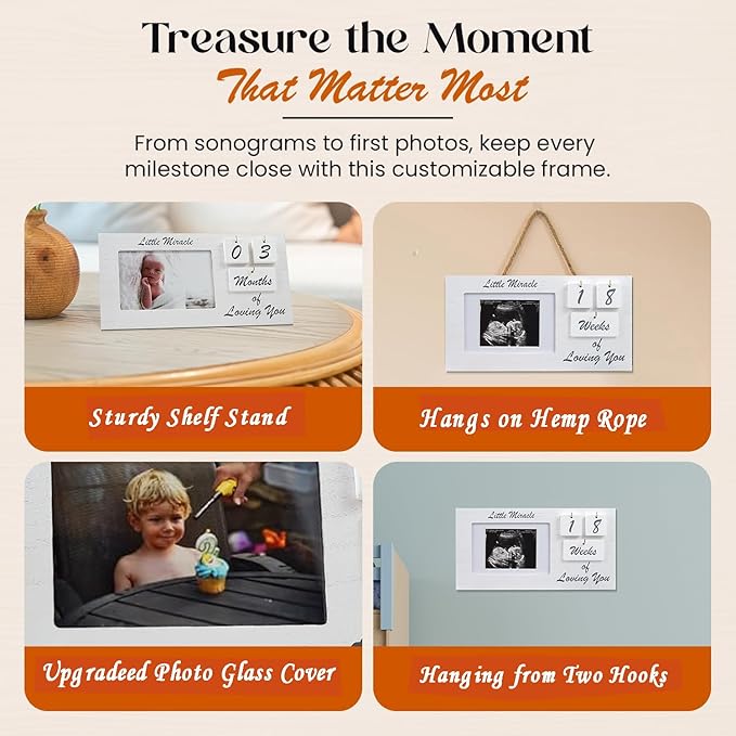 White Ultrasound Sonogram Picture Frame with Milestone Tracker – Elegant Wooden Keepsake for Expecting Parents – Nursery Décor Gift for New Moms – Countdown Tiles Included – 12" x 6" Design