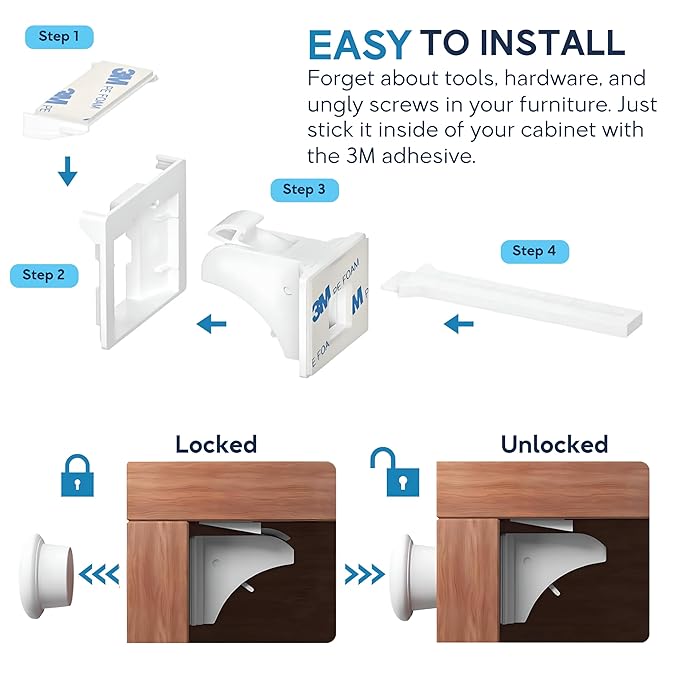 Magnetic Safety Lock Kit 6 Locks + 2 Keys, 3M Adhesive Easy Installation, Baby Proofing Magnetic Locks for Cabinets and Drawers