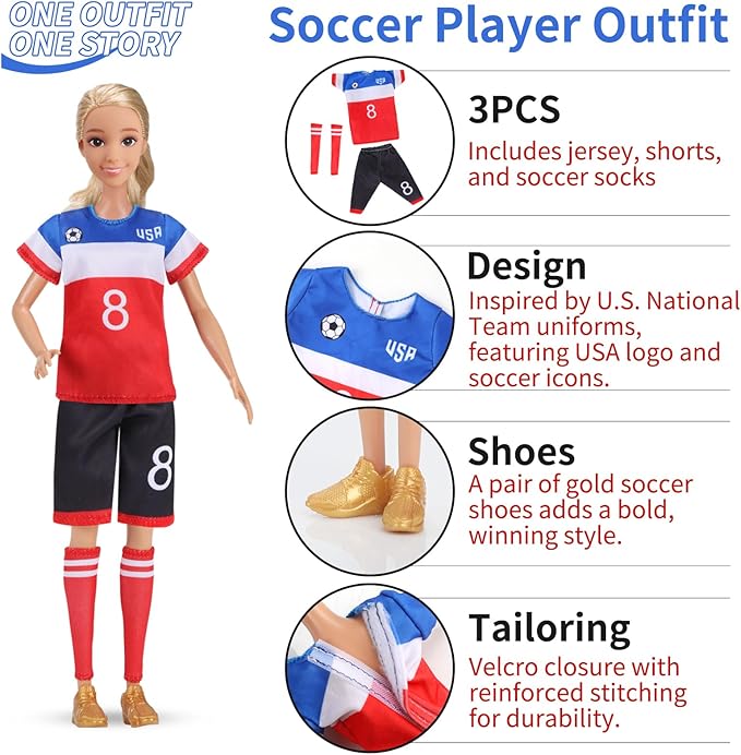 11.5-Inch Themed Doll Clothes & Accessories-Educational Role Play Gift Set for Girls with 1 Doll, 5 Outfits (Doctor, Flight Attendant, Police, Chef, Soccer), 1 Puppy, 5 Shoes, Stands, Headbands