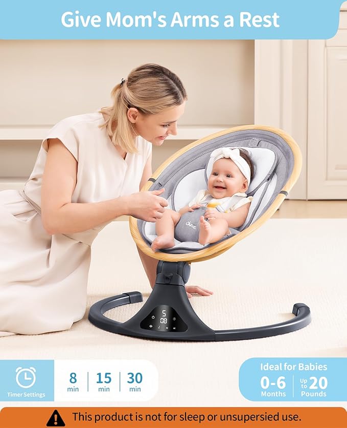LAREX Baby Swing to Toddler Electric Infant Swing Portable for Newborn Boy Girl, 5 Sway Speeds with Remote Control, 12 Preset Melodies and Bluetooth, 0-6 Months Max 20 Lbs (Light Wood Grain)