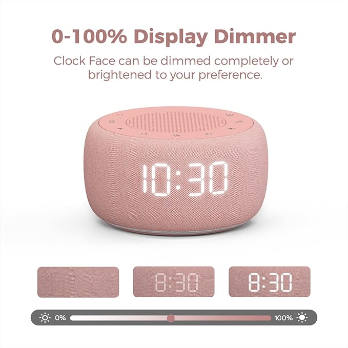 Buffbee Sound Machine & Alarm Clock 2-in-1-0-100% Display Dimmer, Under Light, Sleep Timer, Precise 30-Level Volume Control White Noise Machine
