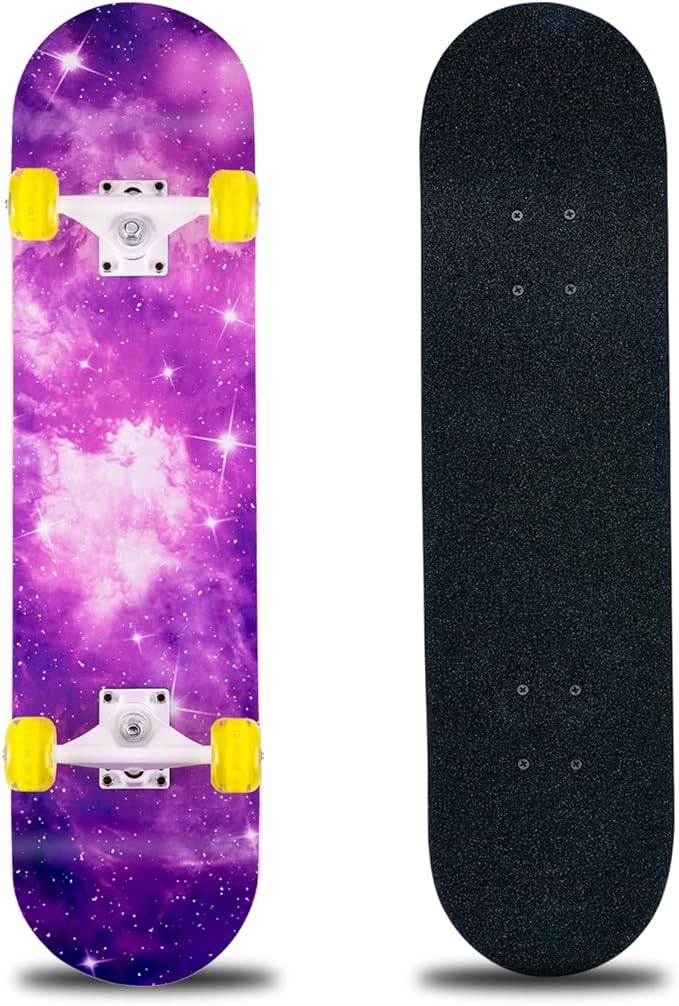 Skateboard,31 x 8 Inch Complete Skateboard, 8-Layer Maple Wood Deck Double Kick Standard Skateboards for Kids, Teens, Adult, Beginner